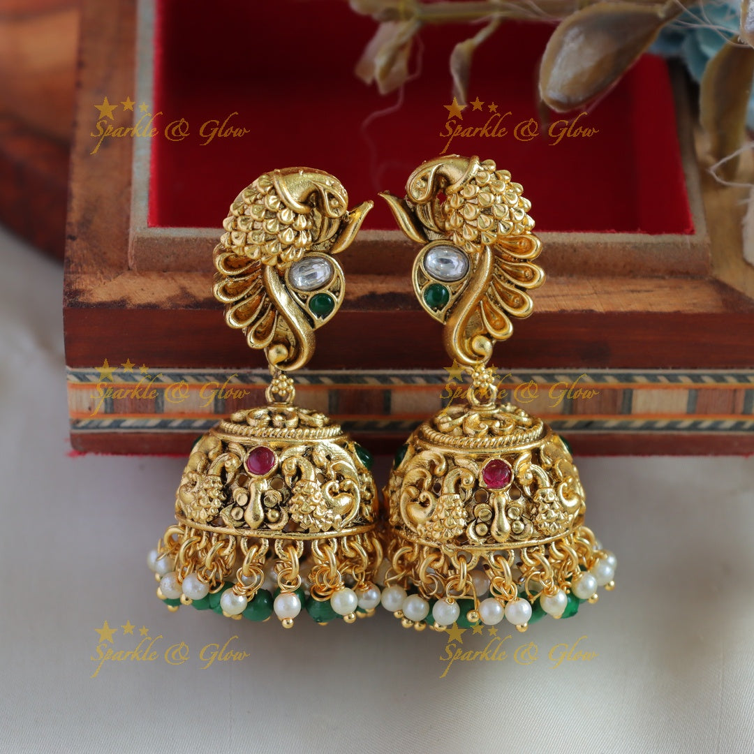 Exclusive Lakshmi peacock carved kemp stone long necklace with pearls and green beads