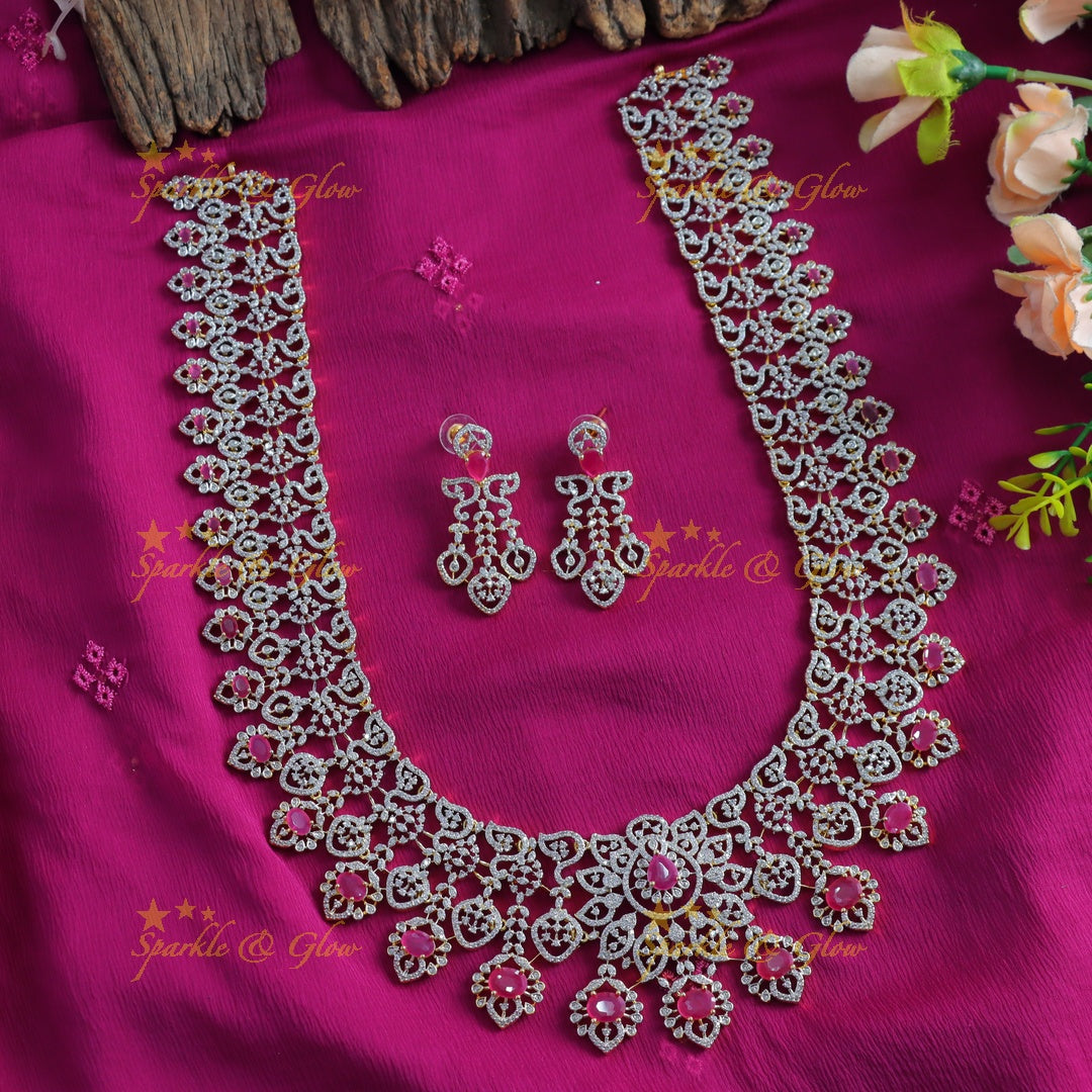 Beautiful Sunflower design American diamond Haram with Ruby Floral drop