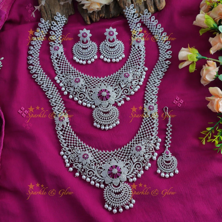 Grand Sunflower Leaf design American diamond Semi bridal set with maangtikka - Sparkle and Glow - Back Thread - 