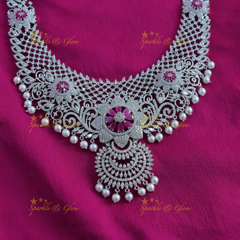 Grand Sunflower Leaf design American diamond Semi bridal set with maangtikka - Sparkle and Glow - Back Thread - 