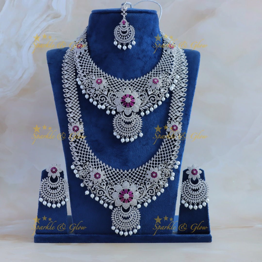 Grand Sunflower Leaf design American diamond Semi bridal set with maangtikka - Sparkle and Glow - Back Thread - 