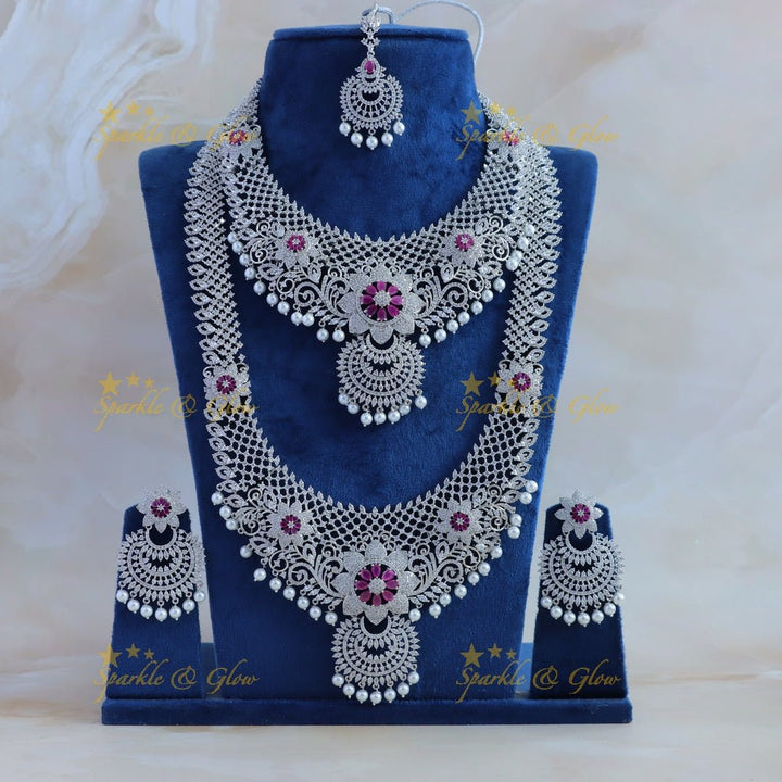 Grand Sunflower Leaf design American diamond Semi bridal set with maangtikka - Sparkle and Glow - Back Thread - 