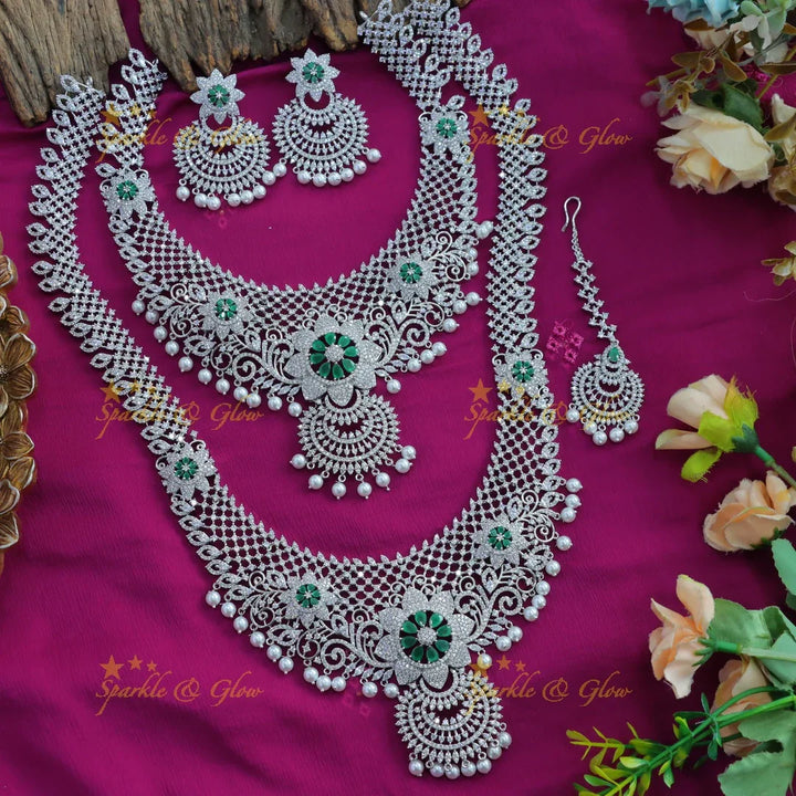 Grand Sunflower Leaf design American diamond Semi bridal set with maangtikka - Sparkle and Glow