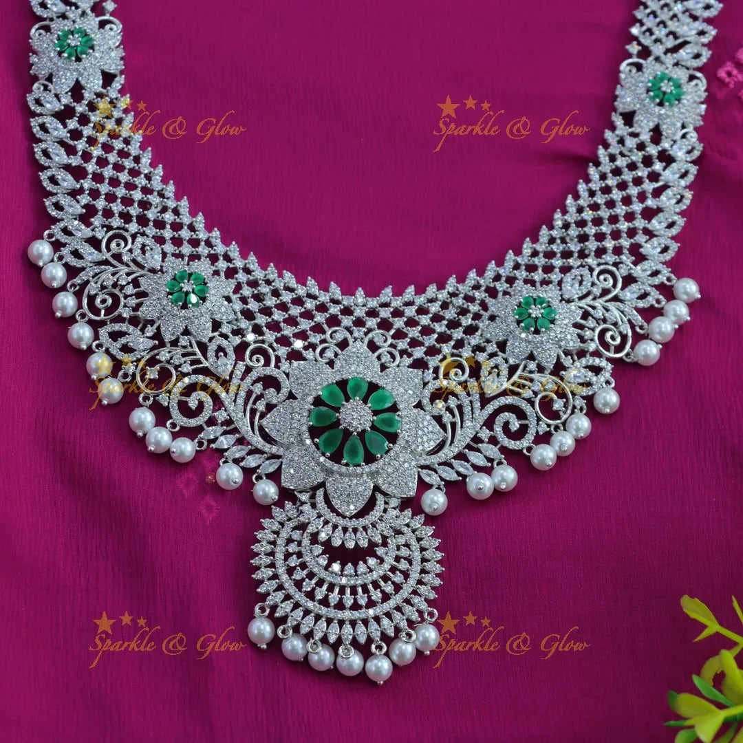 Grand Sunflower Leaf design American diamond Semi bridal set with maangtikka - Sparkle and Glow