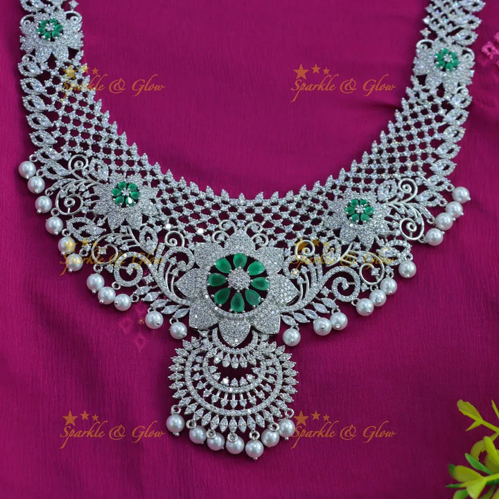 Grand Sunflower Leaf design American diamond Semi bridal set with maangtikka - Sparkle and Glow