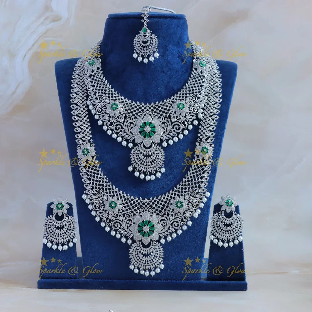 Grand Sunflower Leaf design American diamond Semi bridal set with maangtikka - Sparkle and Glow