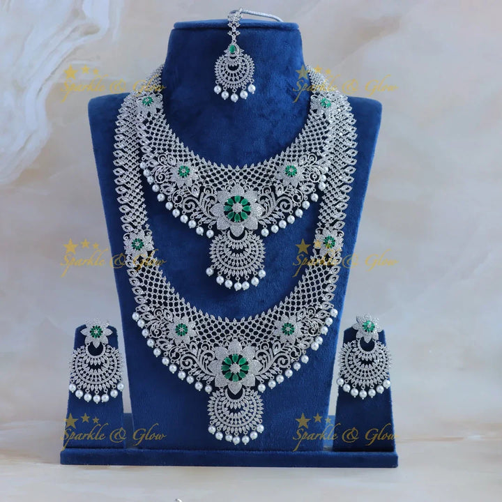 Grand Sunflower Leaf design American diamond Semi bridal set with maangtikka - Sparkle and Glow
