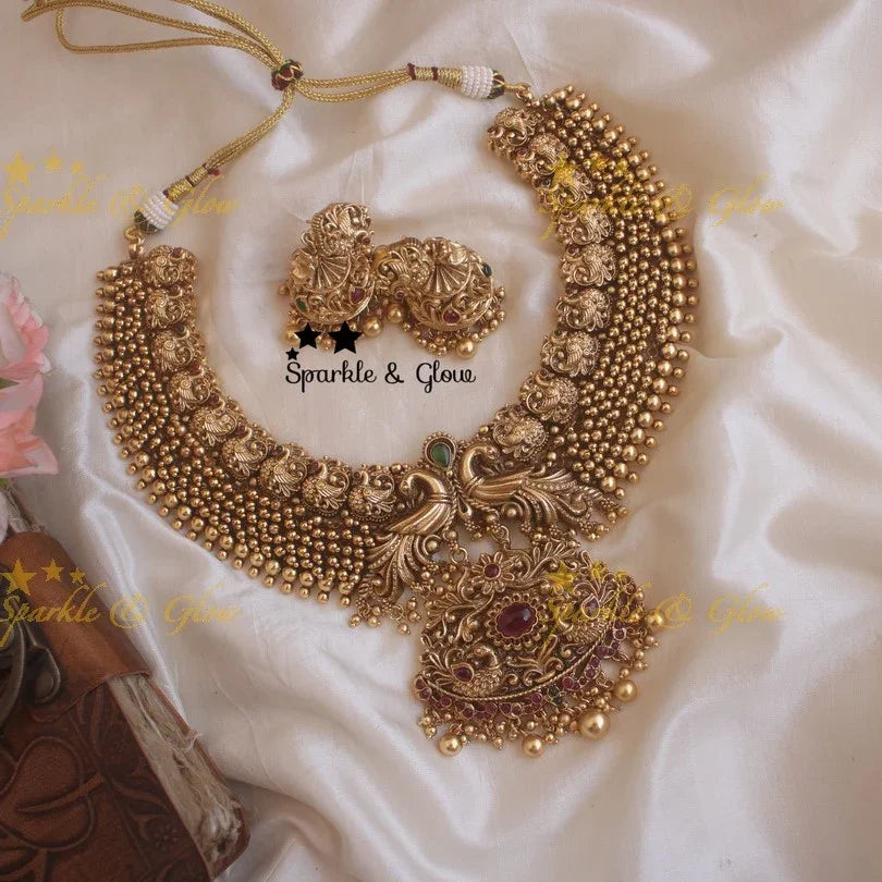 Gold alike antique polish pearl cluster peacock necklace - Pearl Multi - Sparkle and Glow