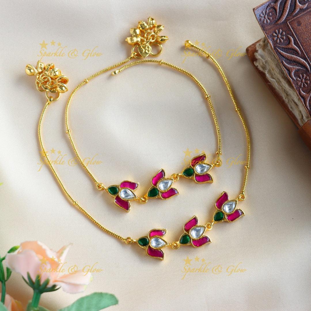 Triple Lotus Jadau Anklet - Elegant Design