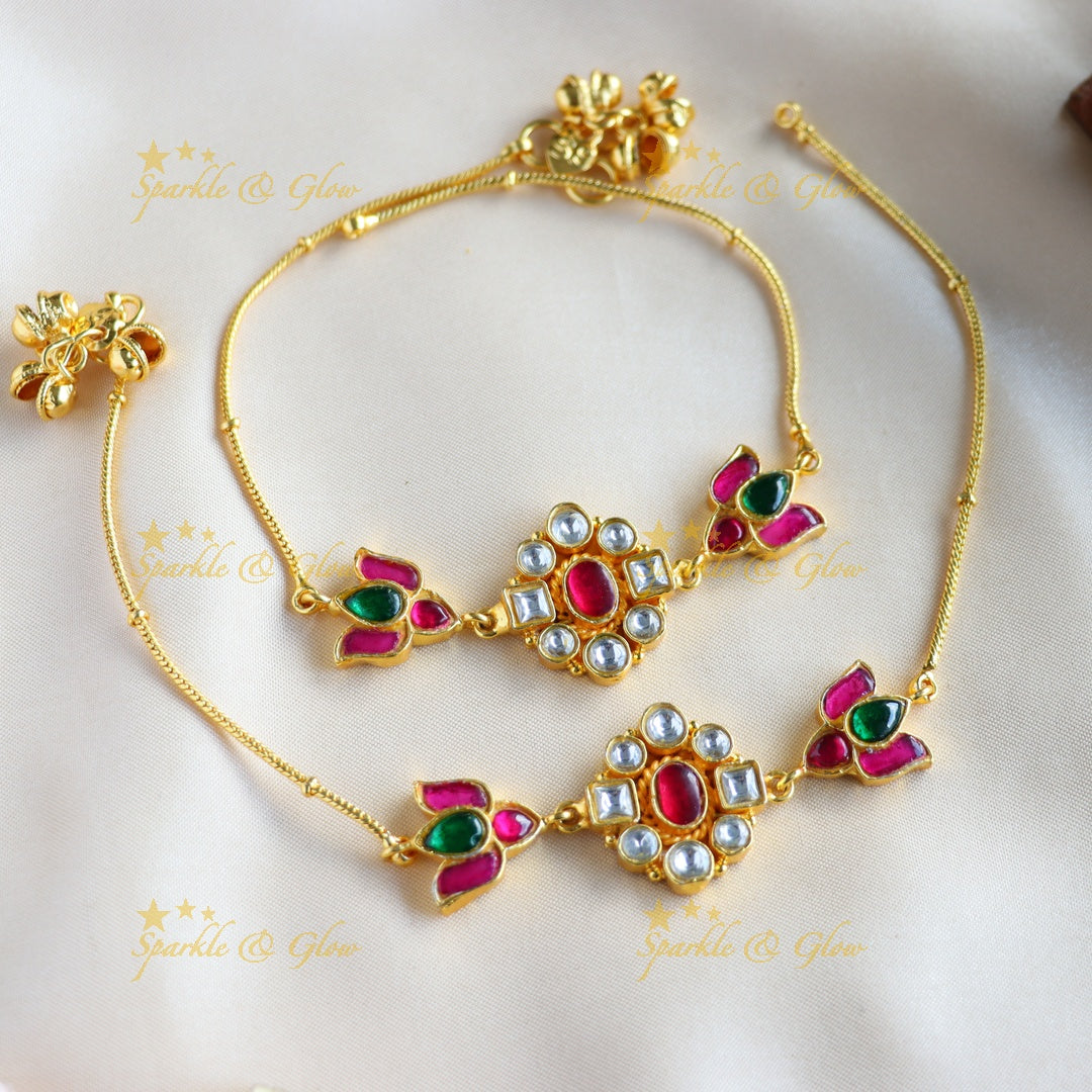 Elegant Floral and Corner Lotus design Jadau Anklet