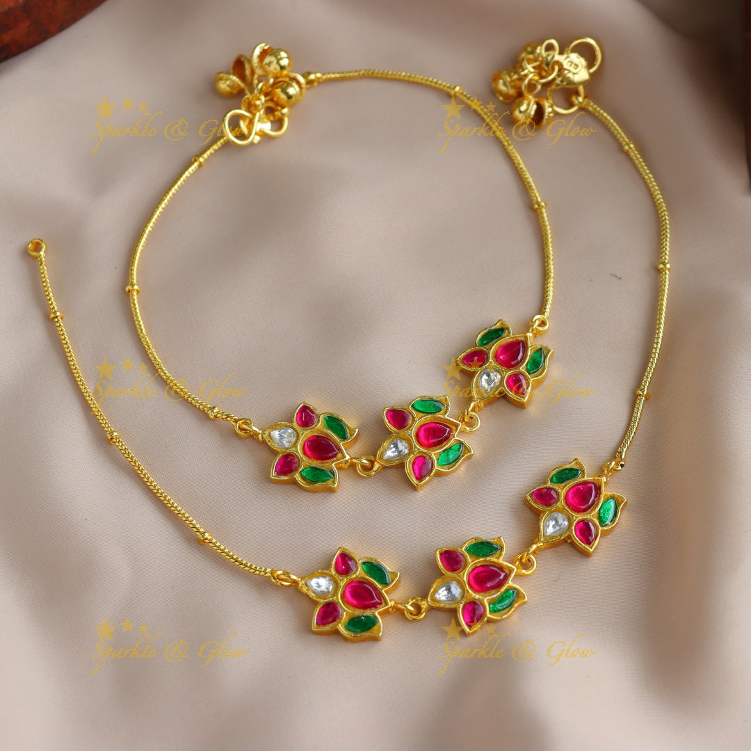 Elegant Triple Lotus design Jadau anklet