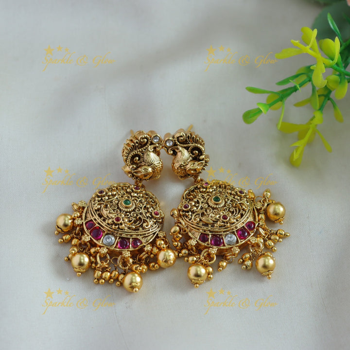 Gorgeous Peacock carved short necklace with ruby emerald and gold beads
