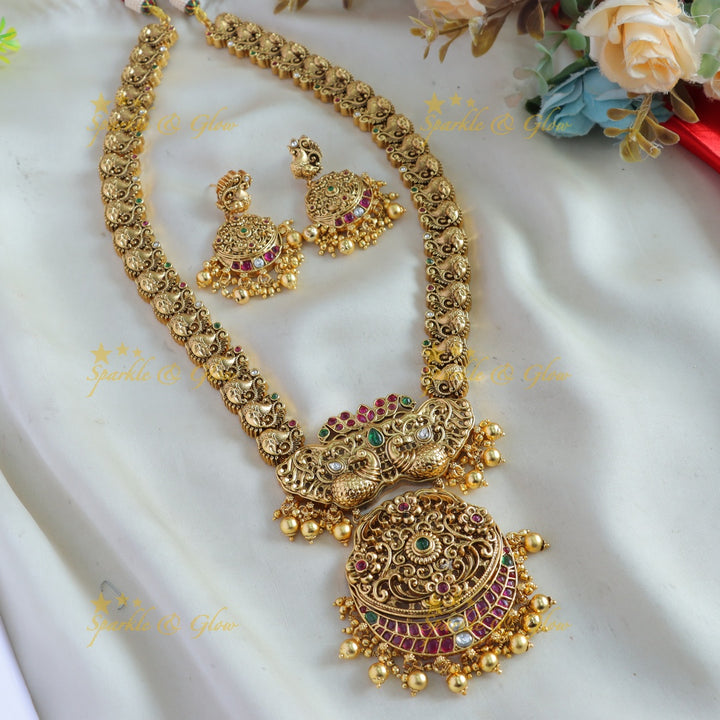 Stunning Peacock floral design long necklace with ruby emerald and gold beads
