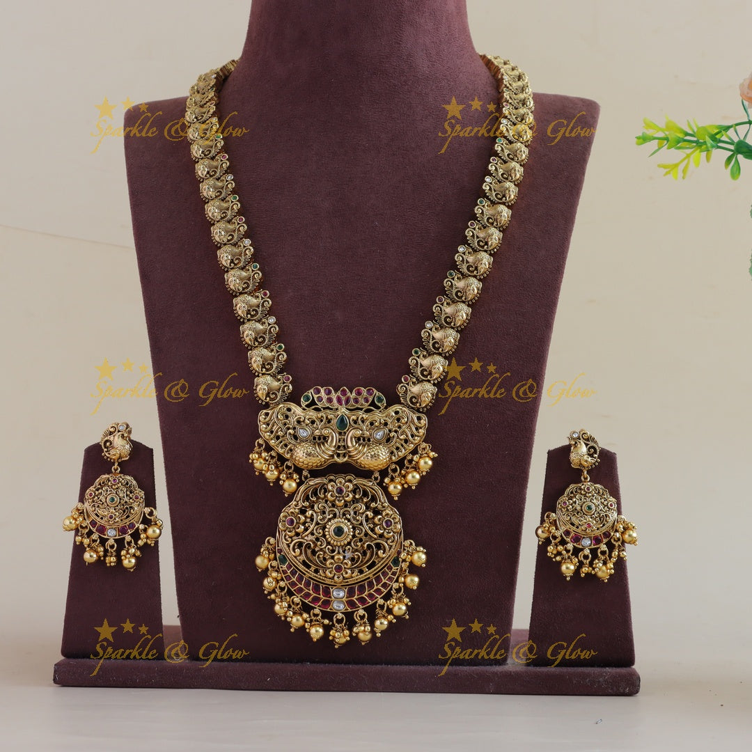 Stunning Peacock floral design long necklace with ruby emerald and gold beads