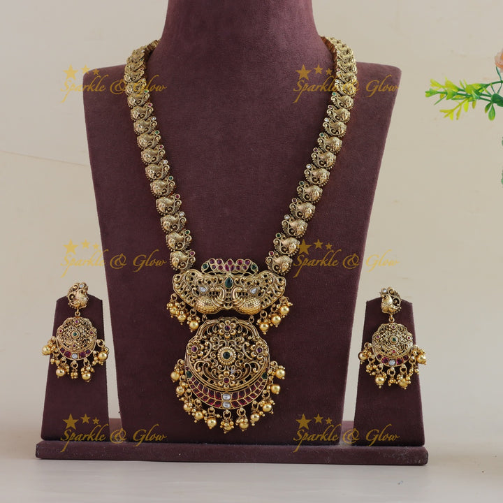 Stunning Peacock floral design long necklace with ruby emerald and gold beads