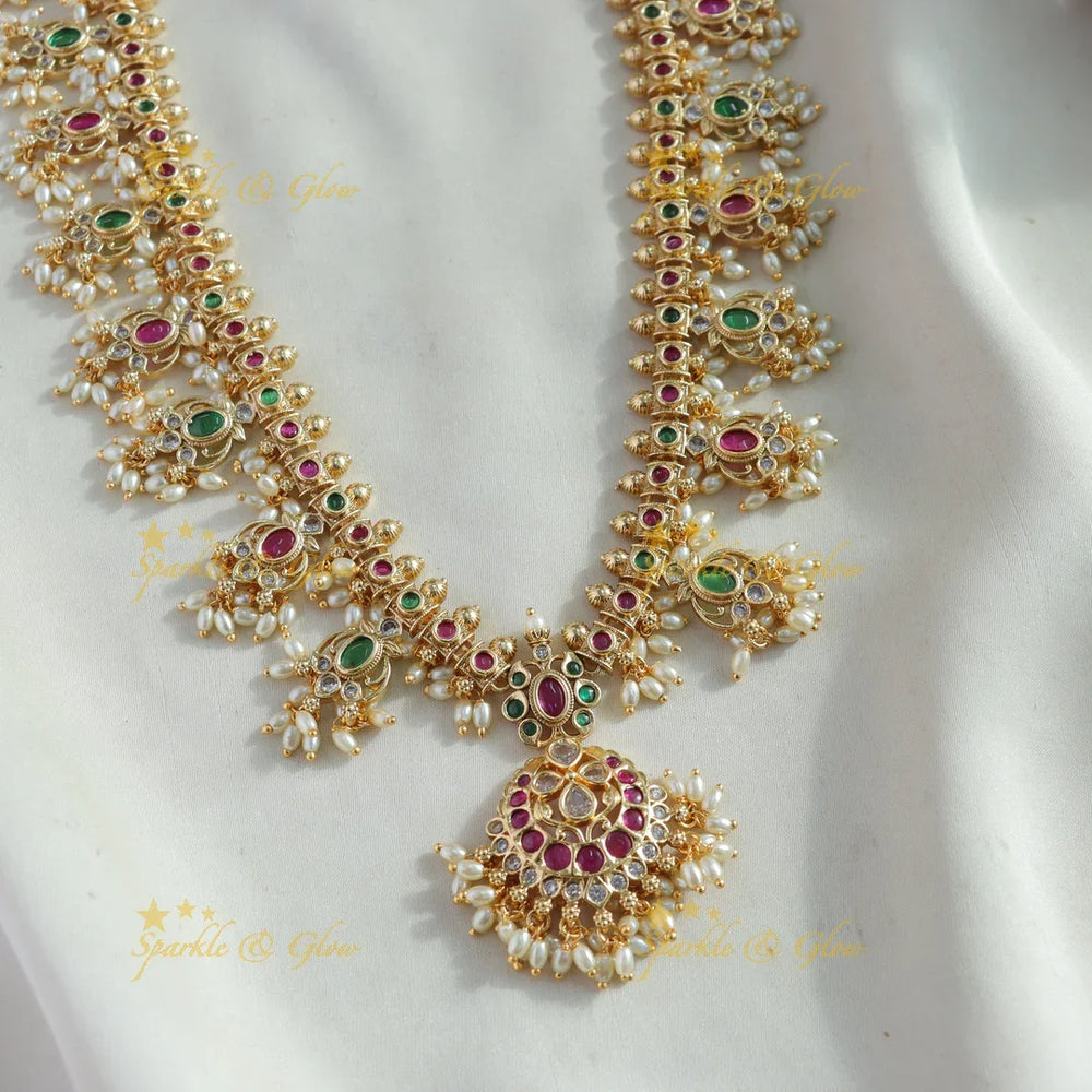 Beautiful Floral gutta pusalu haram with ruby emerald CZ stones and rice pearls - Sparkle and Glow