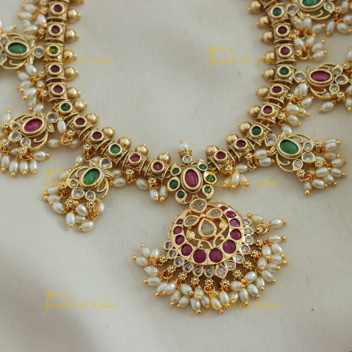 Elegant Floral gutta pusalu short necklace with ruby emerald and rice pearls