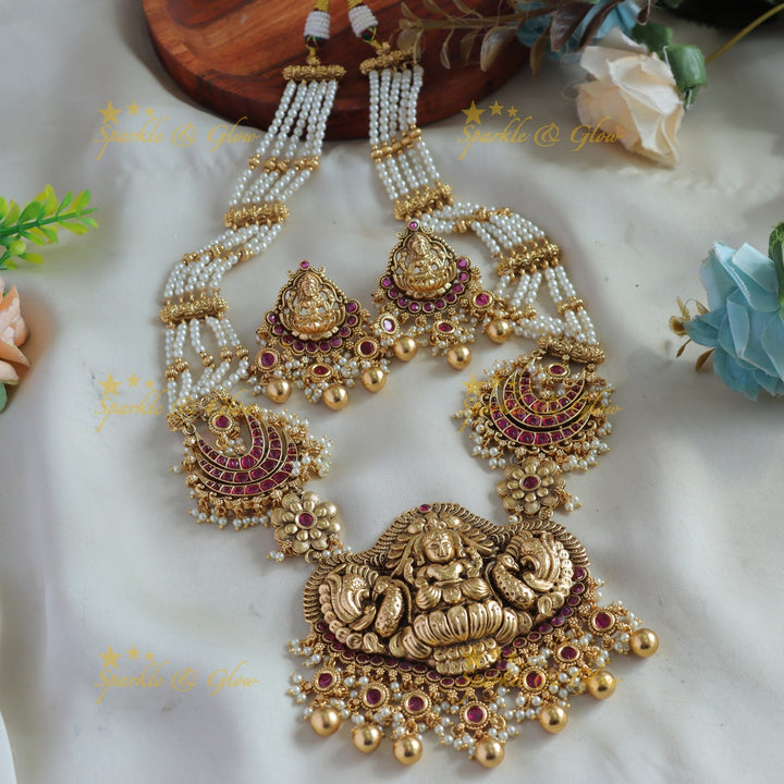 Statement Lakshmi peacock moon design haram with multi layer mint green beads chain with ruby and gold beads