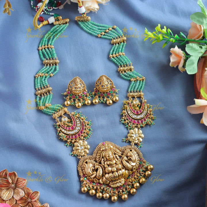 Statement Lakshmi peacock moon design haram with multi layer mint green beads chain with ruby and gold beads