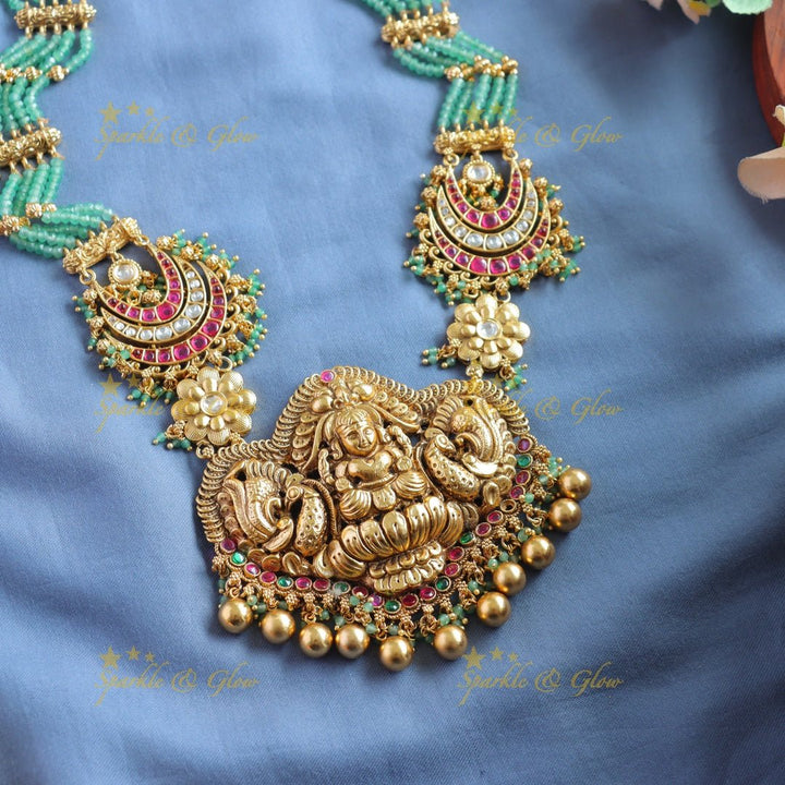 Statement Lakshmi peacock moon design haram with multi layer mint green beads chain with ruby and gold beads - Sparkle and Glow - Back Thread - 