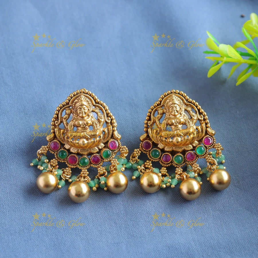 Statement Lakshmi peacock moon design haram with multi layer mint green beads chain with ruby and gold beads - Sparkle and Glow - Back Thread - 