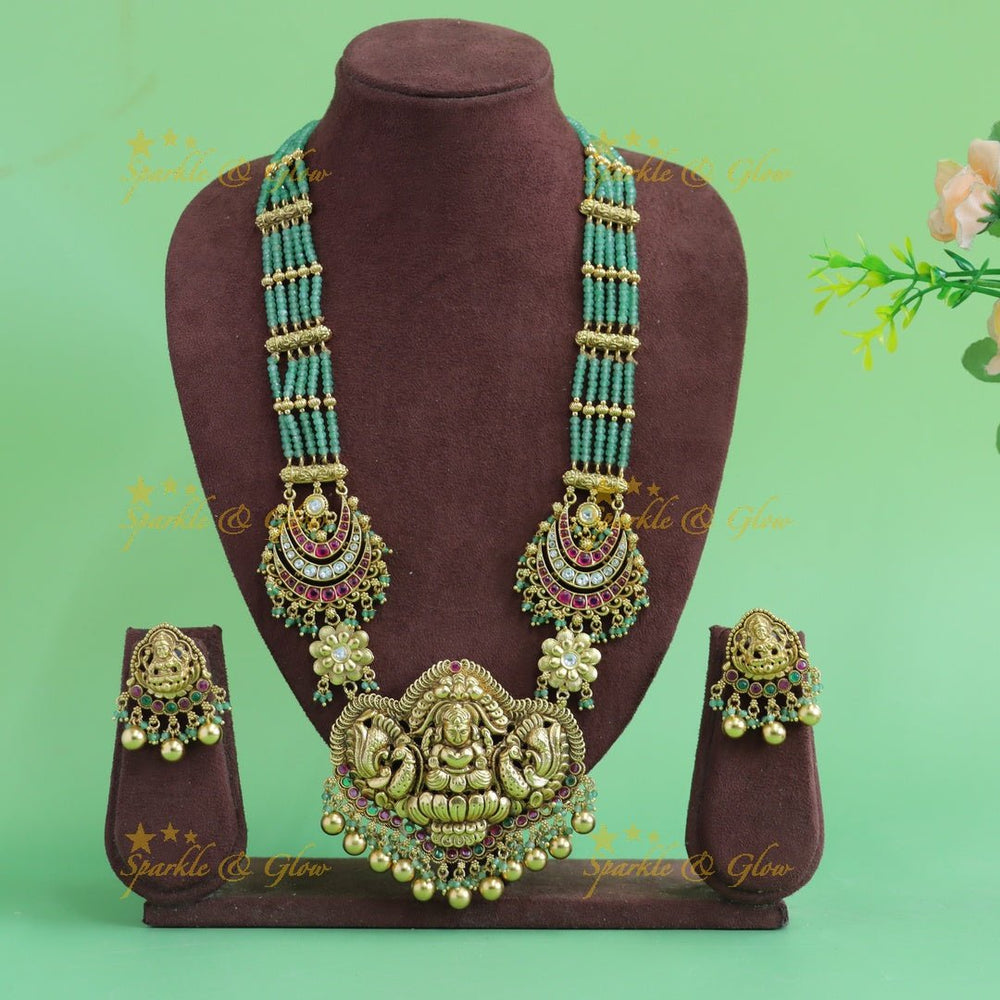 Statement Lakshmi peacock moon design haram with multi layer mint green beads chain with ruby and gold beads - Sparkle and Glow - Back Thread - 