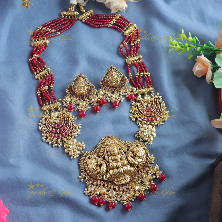Statement Lakshmi peacock moon design haram with multi layer mint green beads chain with ruby and gold beads