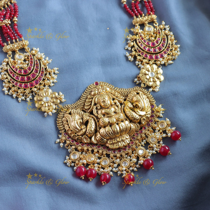Statement Lakshmi peacock moon design haram with multi layer mint green beads chain with ruby and gold beads