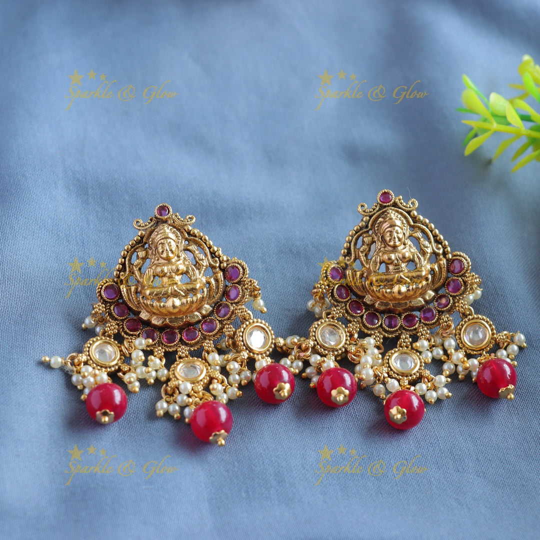 Statement Lakshmi peacock moon design haram with multi layer mint green beads chain with ruby and gold beads