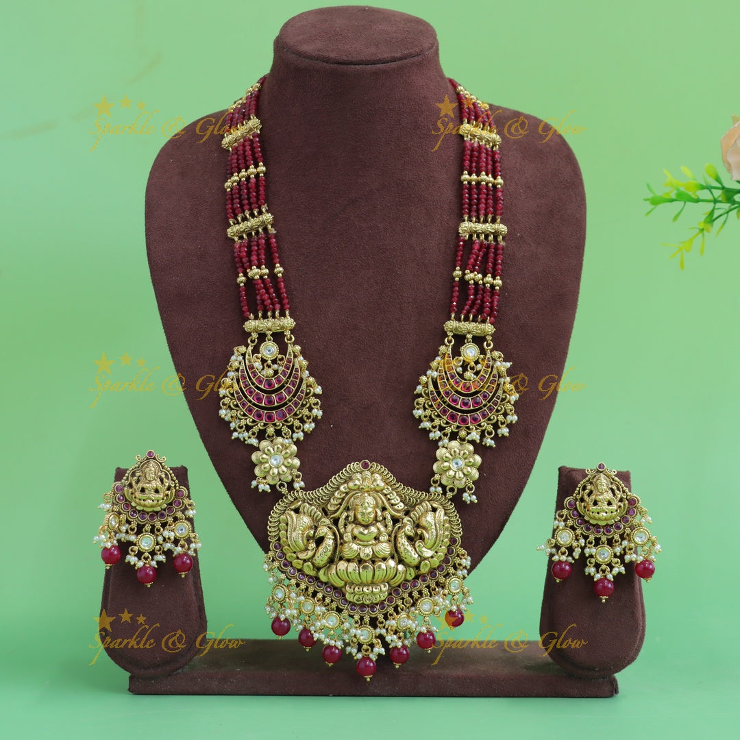 Statement Lakshmi peacock moon design haram with multi layer mint green beads chain with ruby and gold beads