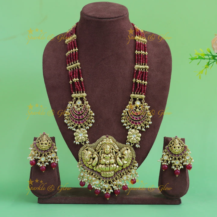 Statement Lakshmi peacock moon design haram with multi layer mint green beads chain with ruby and gold beads