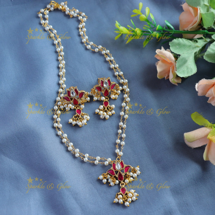 Elegant Lotus design pendant haram with two layer pearl chain