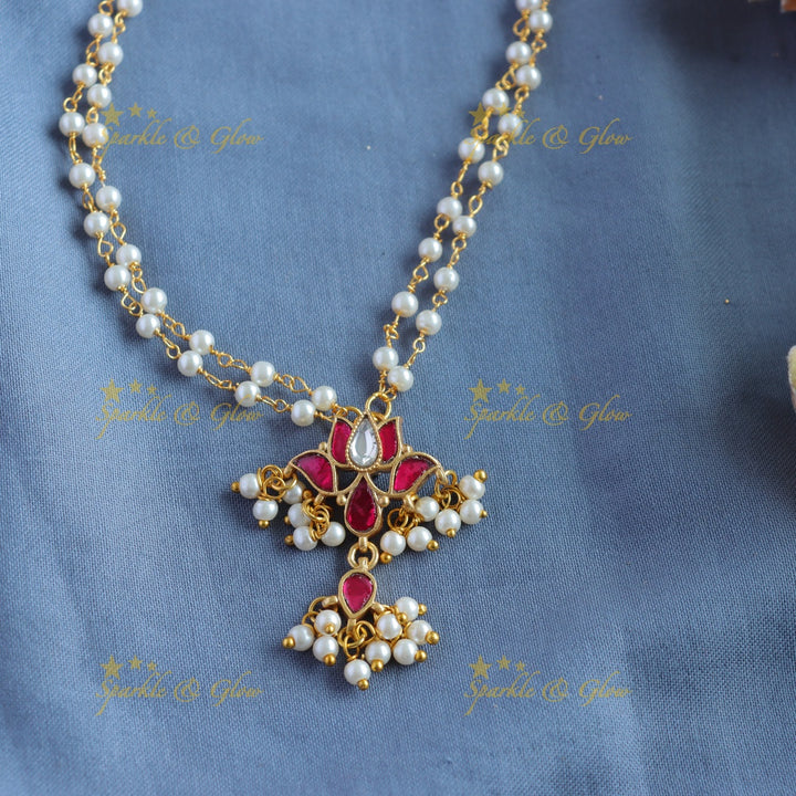 Elegant Lotus design pendant haram with two layer pearl chain