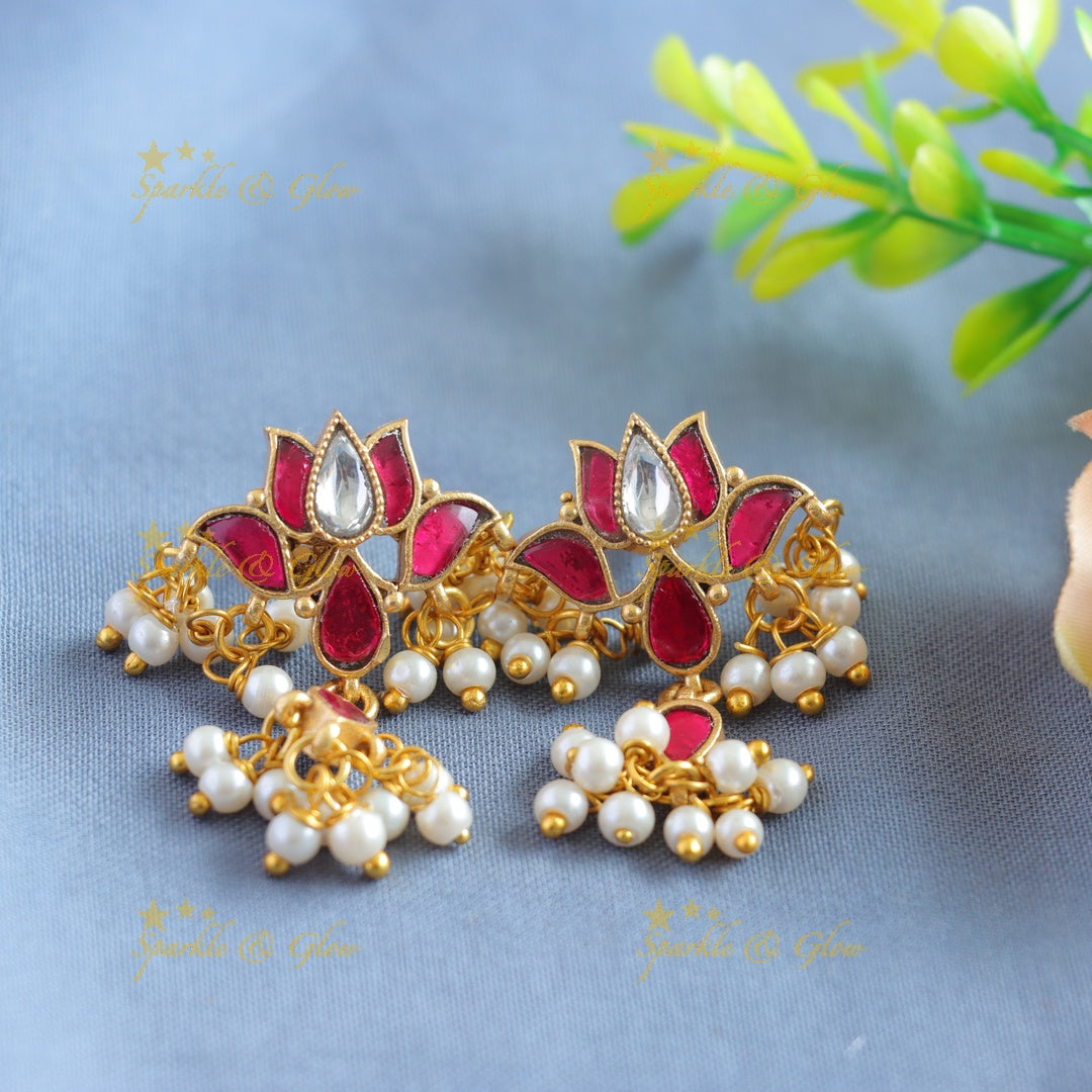 Elegant Lotus design pendant haram with two layer pearl chain