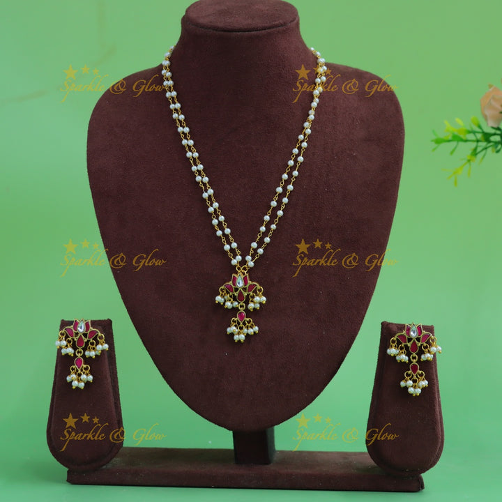 Elegant Lotus design pendant haram with two layer pearl chain