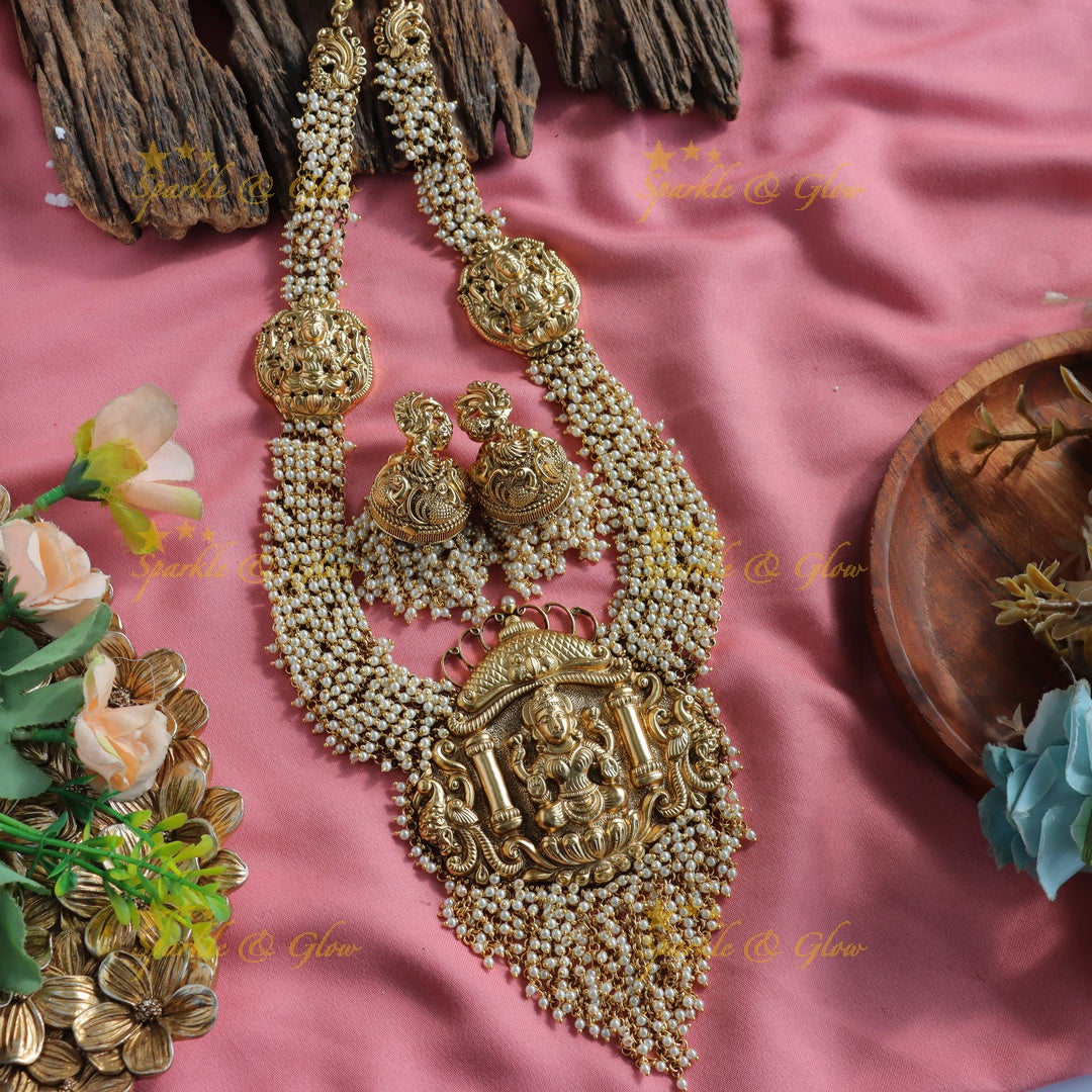 Gorgeous Lakshmi peacock carved cluster pearl long necklace