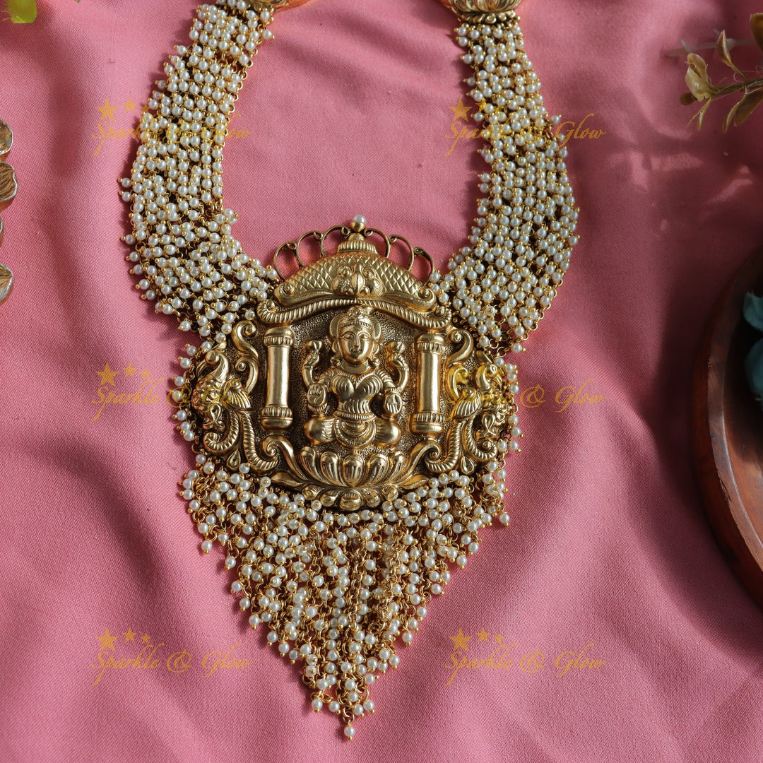 Gorgeous Lakshmi peacock carved cluster pearl long necklace