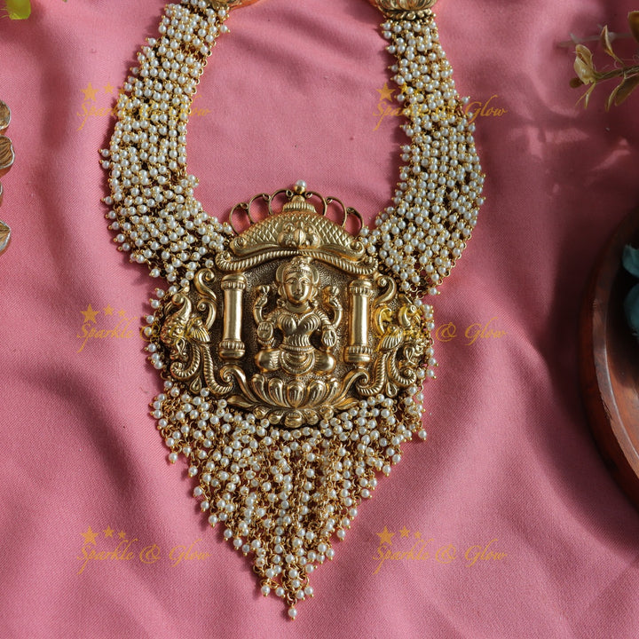 Gorgeous Lakshmi peacock carved cluster pearl long necklace