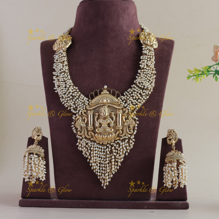Gorgeous Lakshmi peacock carved cluster pearl long necklace