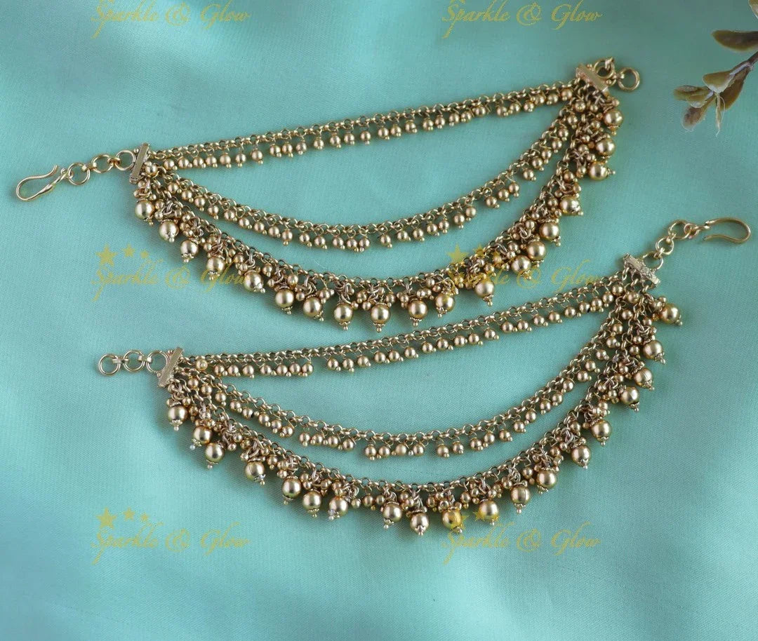 Elegant Three layered Gold beads earchain - Sparkle and Glow