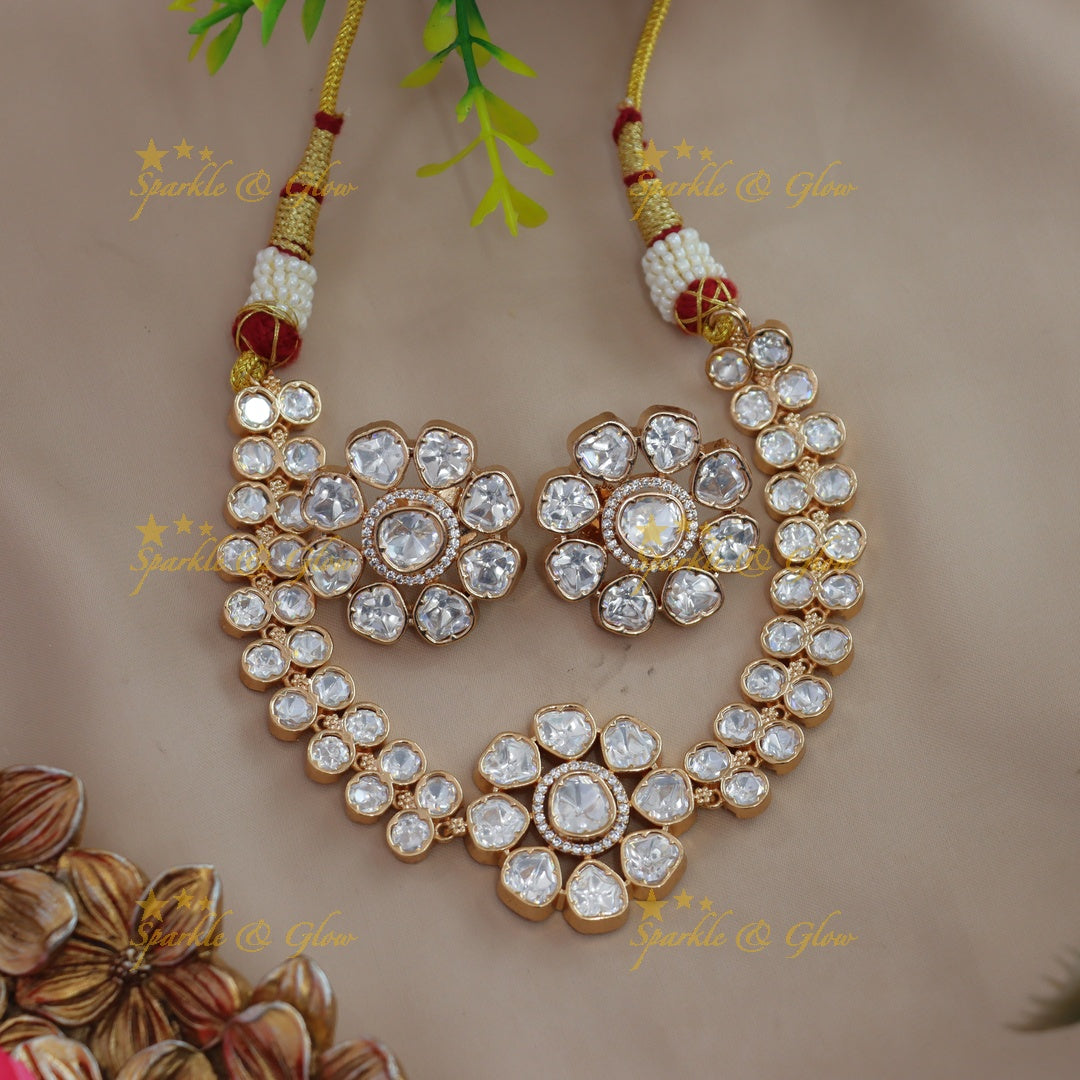 Grand Floral pendant Victorian AD dot design kundan short necklace
