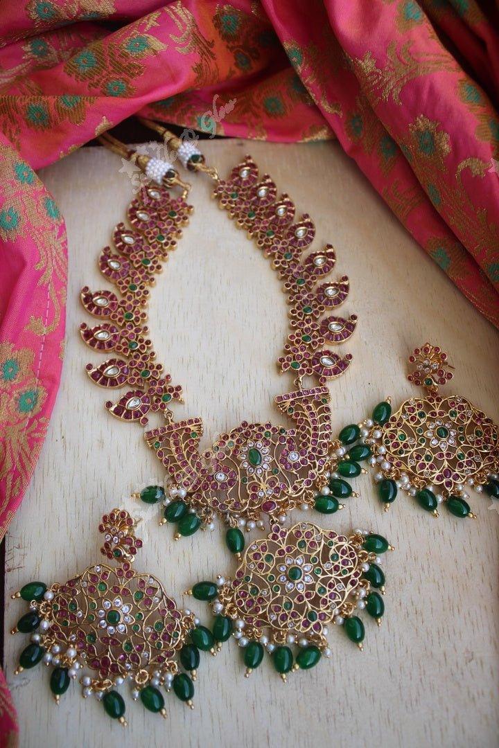 Gold alike polished real kemp stones mango necklace - Sparkle and Glow