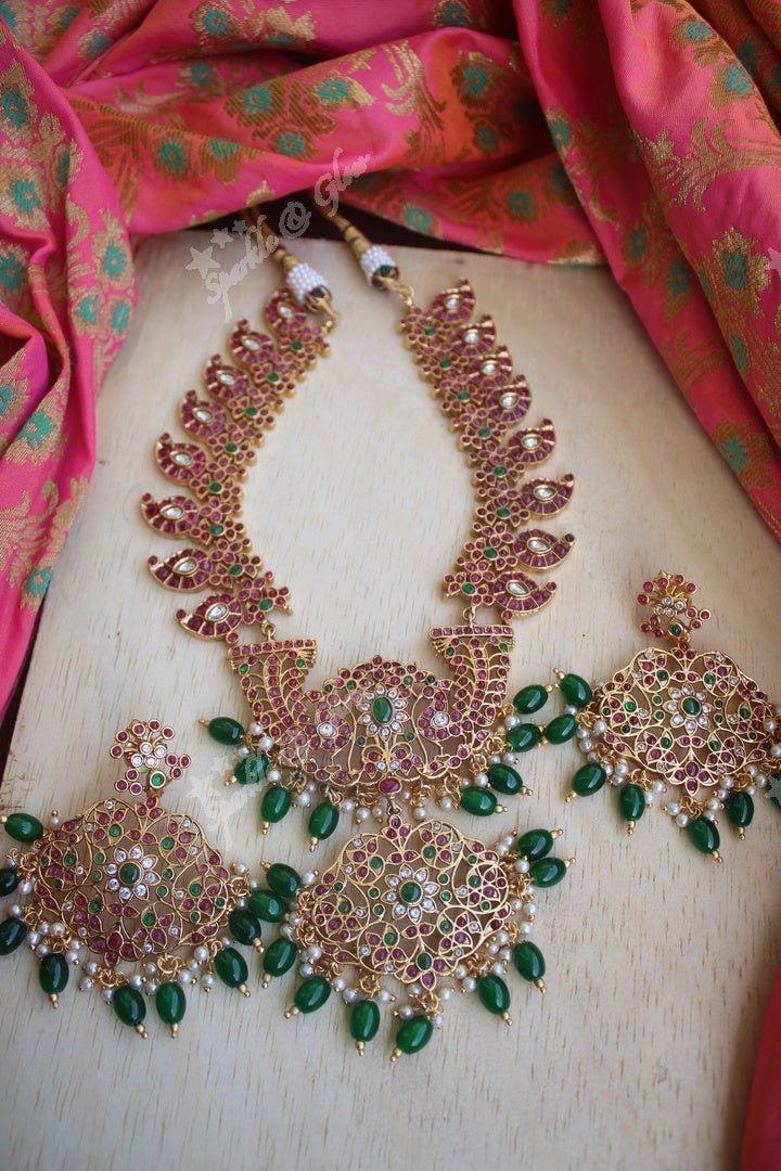 Gold alike polished real kemp stones mango necklace - Sparkle and Glow