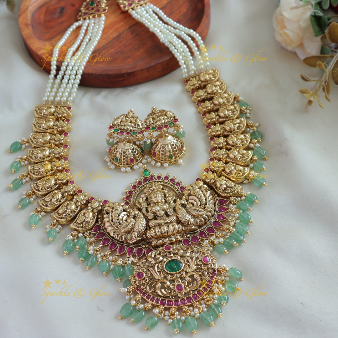 Exclusive Lakshmi peacock carved mango design long necklace with ruby emerald and gold beads