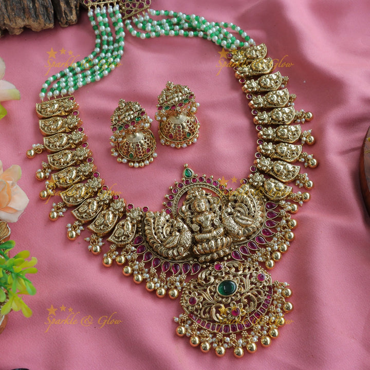 Exclusive Lakshmi peacock carved mango design long necklace with ruby emerald and gold beads