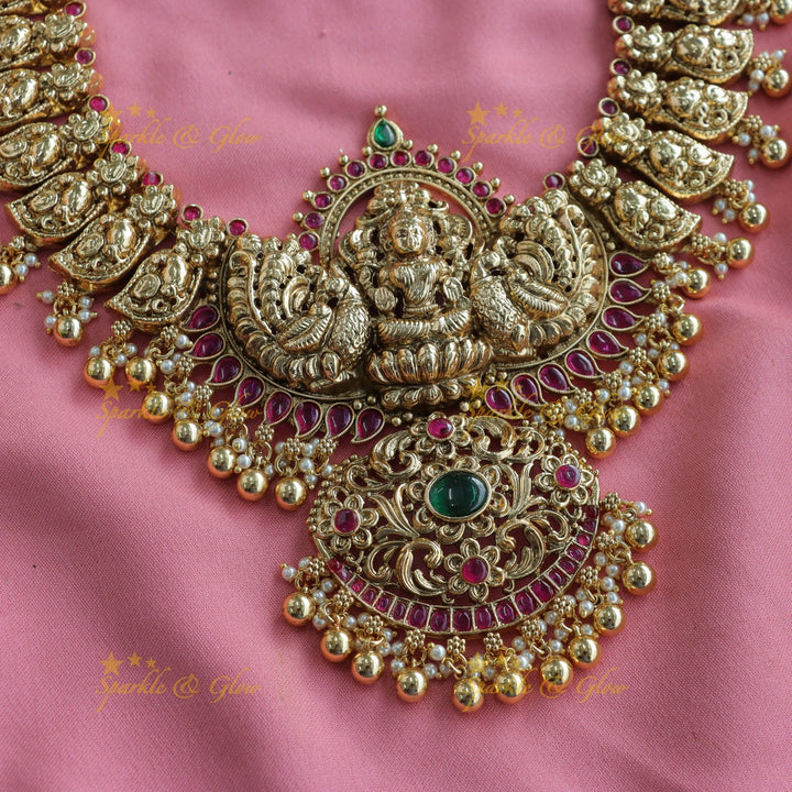 Exclusive Lakshmi peacock carved mango design long necklace with ruby emerald and gold beads