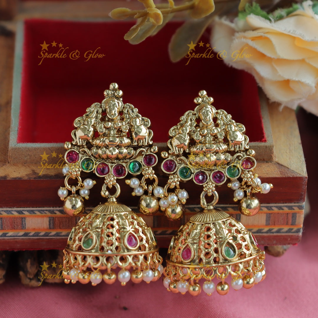 Exclusive Lakshmi peacock carved mango design long necklace with ruby emerald and gold beads