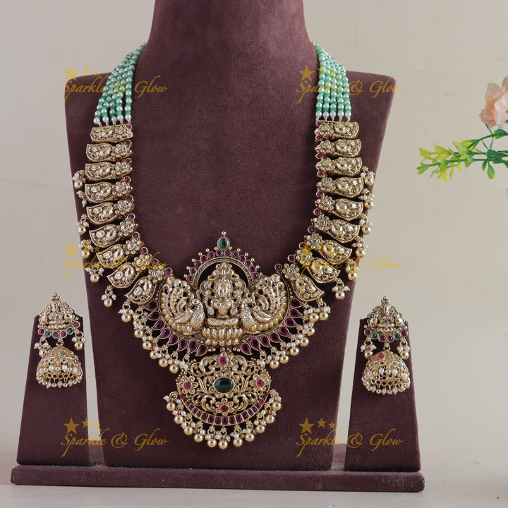 Exclusive Lakshmi peacock carved mango design long necklace with ruby emerald and gold beads