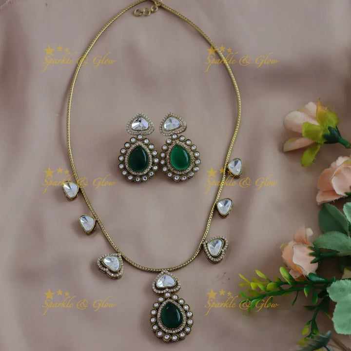 Gracious Kundan Heart design Victorian AD Floral pendant short necklace - Sparkle and Glow