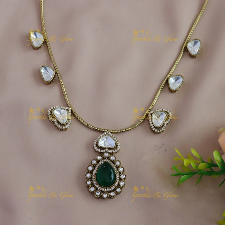 Gracious Kundan Heart design Victorian AD Floral pendant short necklace - Sparkle and Glow